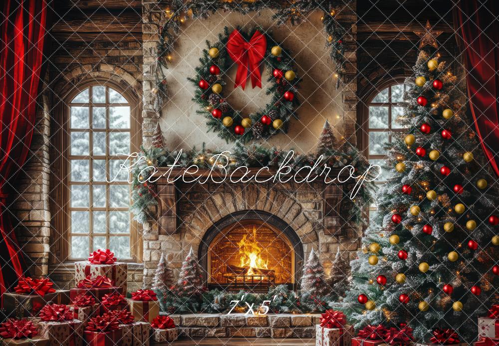 Kate Christmas Tree Fireplace Window Brick Backdrop Designed by Mini MakeBelieve
