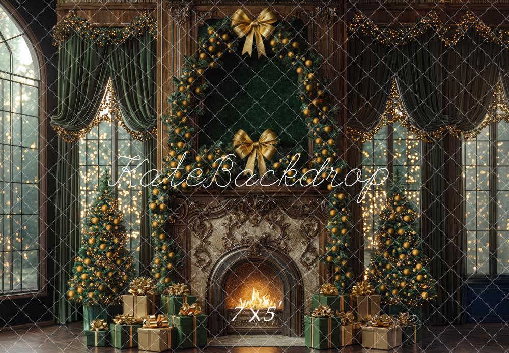 Kate Christmas Fireplace Green Curtains Window Backdrop Designed by Mini MakeBelieve