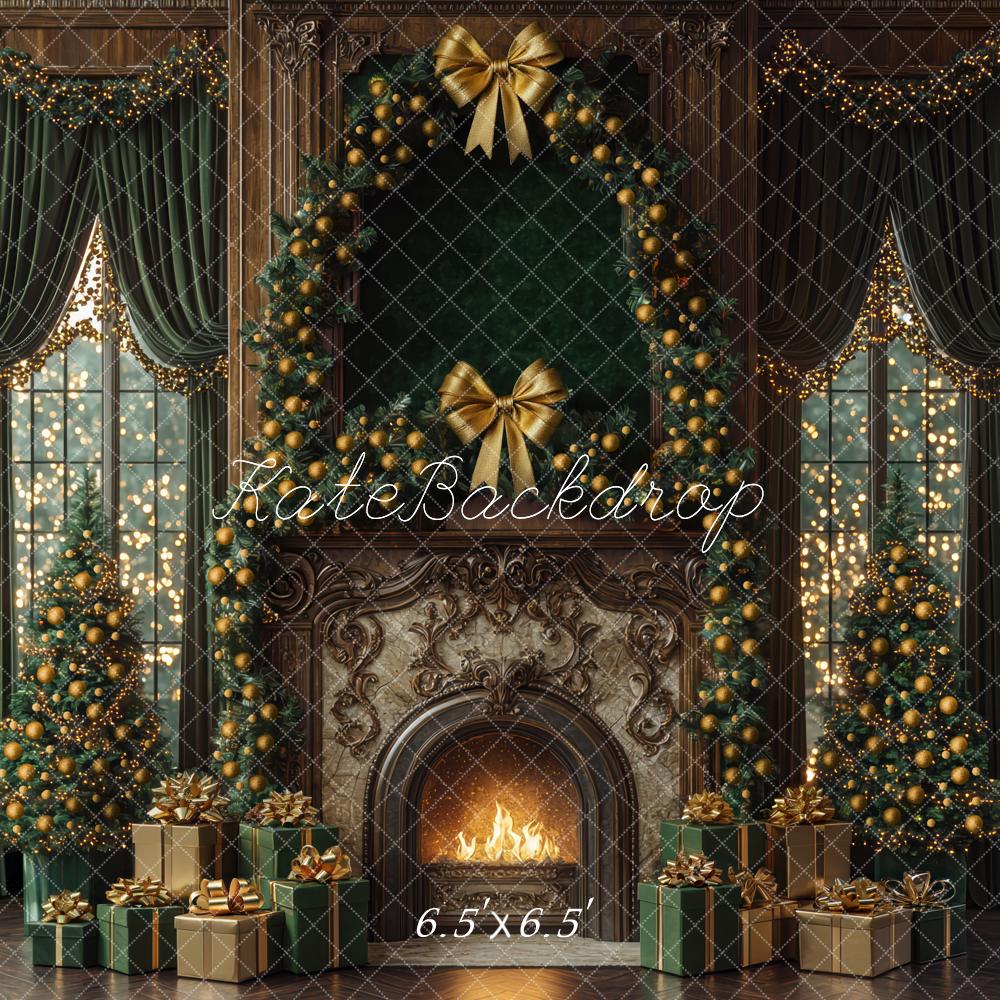 Kate Christmas Fireplace Green Curtains Window Backdrop Designed by Mini MakeBelieve