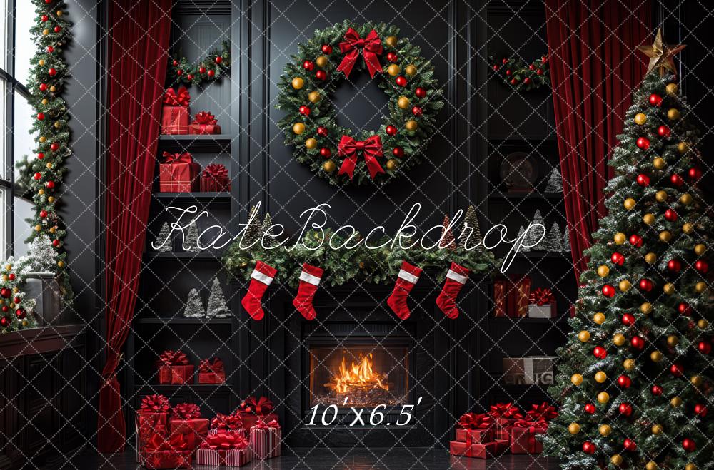 Kate Christmas Black Fireplace Wreath Backdrop Designed by Mini MakeBelieve -UK