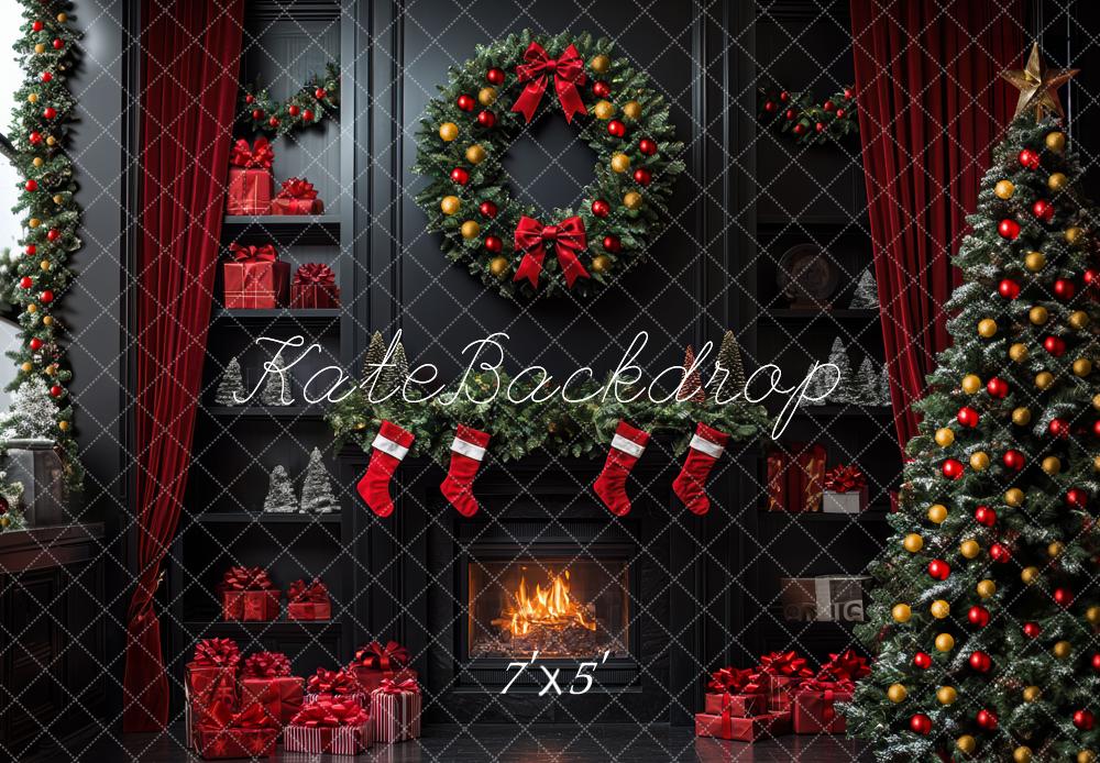 Kate Christmas Black Fireplace Wreath Backdrop Designed by Mini MakeBelieve