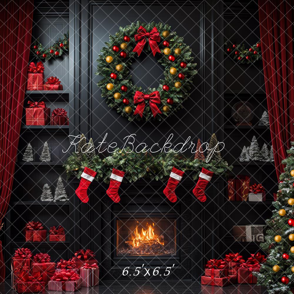 Kate Christmas Black Fireplace Wreath Backdrop Designed by Mini MakeBelieve