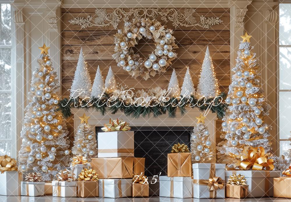 Kate Christmas Tree Fireplace Gold Gifts Backdrop Designed by Mini MakeBelieve