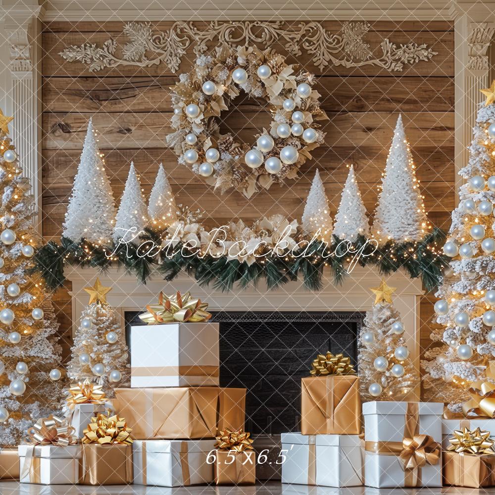 Kate Christmas Tree Fireplace Gold Gifts Backdrop Designed by Mini MakeBelieve
