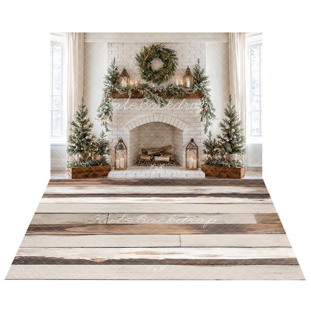 Kate Christmas Fireplace Wreath Brick Wall Backdrop+Light Retro Wood Floor Backdrop