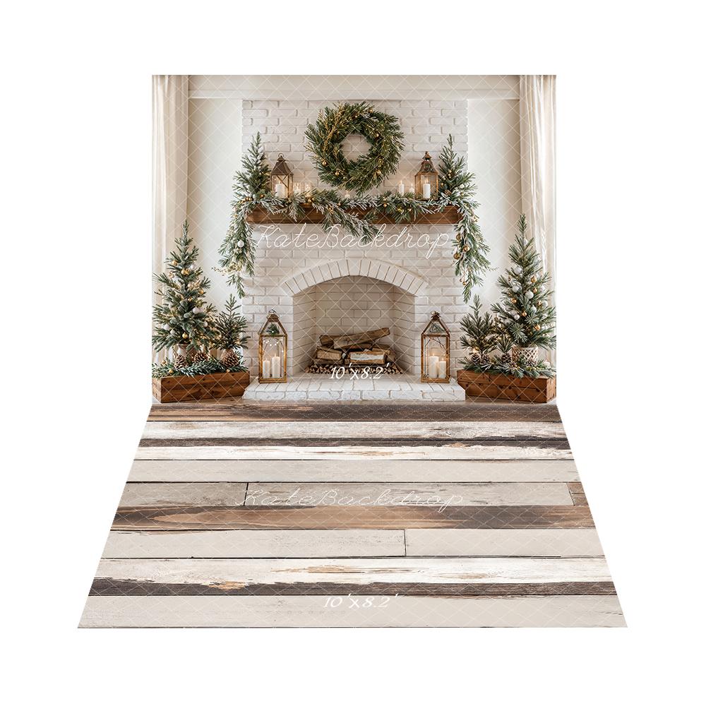 Kate Christmas Fireplace Wreath Brick Wall Backdrop+Light Retro Wood Floor Backdrop