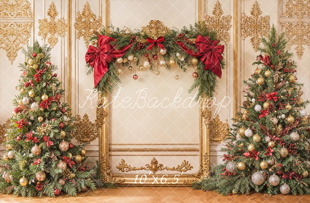Kate Christmas Tree Gold Frame Red Bow Backdrop Designed by Emetselch -UK