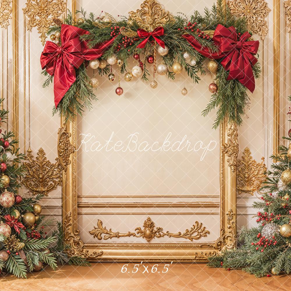Kate Christmas Tree Gold Frame Red Bow Backdrop Designed by Emetselch