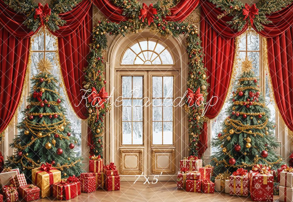 Kate Christmas Tree Red Curtain Arch Door Backdrop Designed by Emetselch
