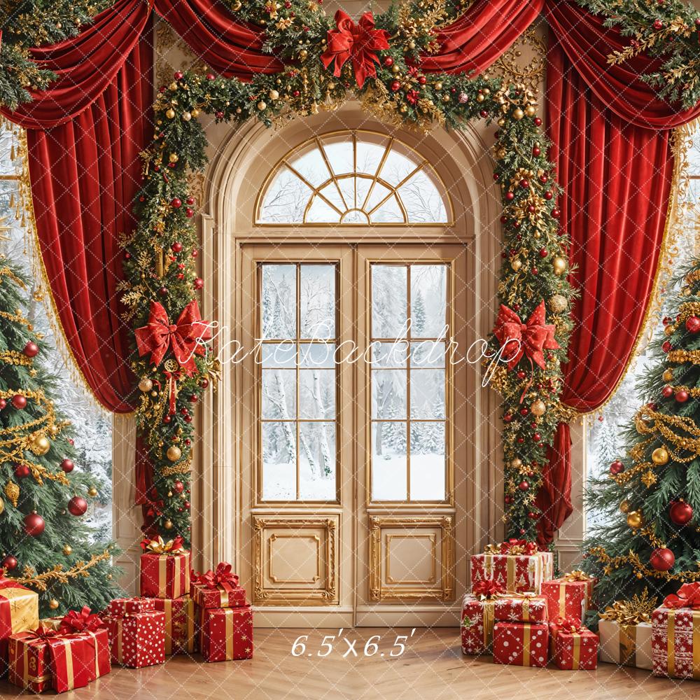 Kate Christmas Tree Red Curtain Arch Door Backdrop Designed by Emetselch
