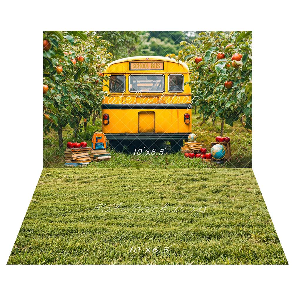 Kate Back to School Yellow Bus Orchard Apples Backdrop+ Grass Field Floor Backdrop
