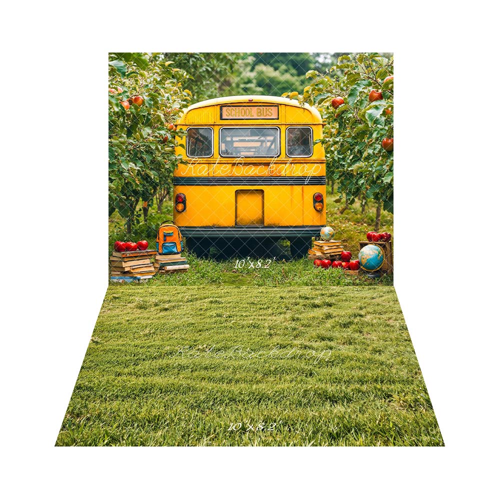 Kate Back to School Yellow Bus Orchard Apples Backdrop+ Grass Field Floor Backdrop