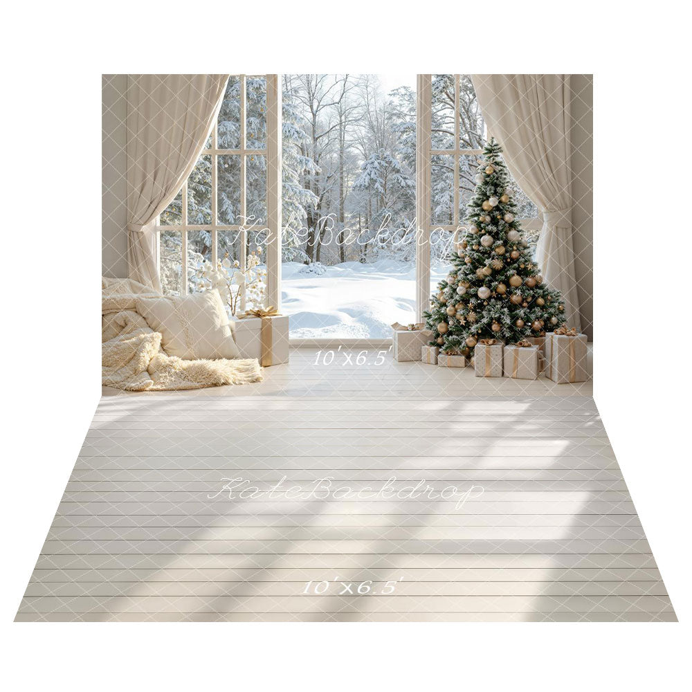 Kate Christmas Tree Winter Window Snow Backdrop+White Wood Floor Backdrop -UK