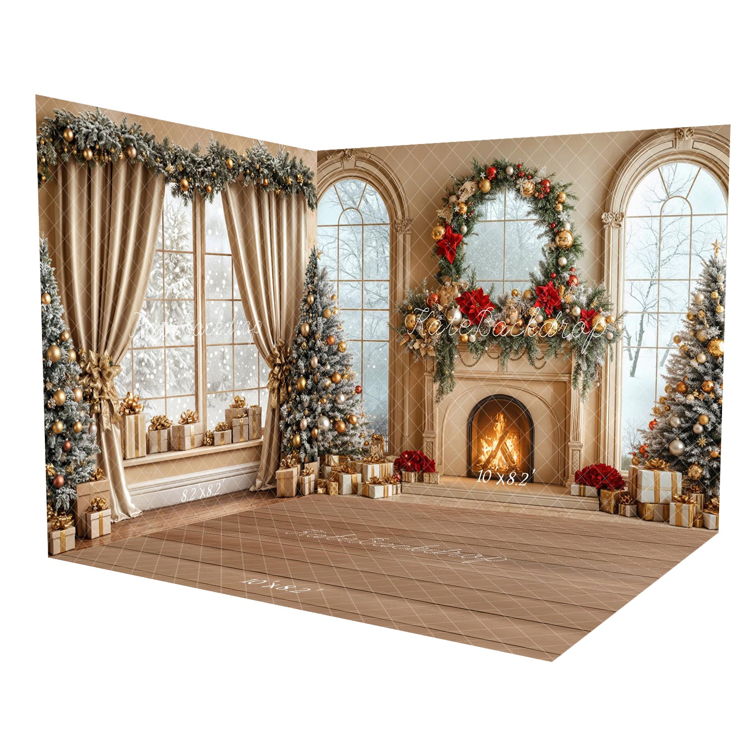 Kate Christmas Fireplace Trees Wreath Gold Window Room Set