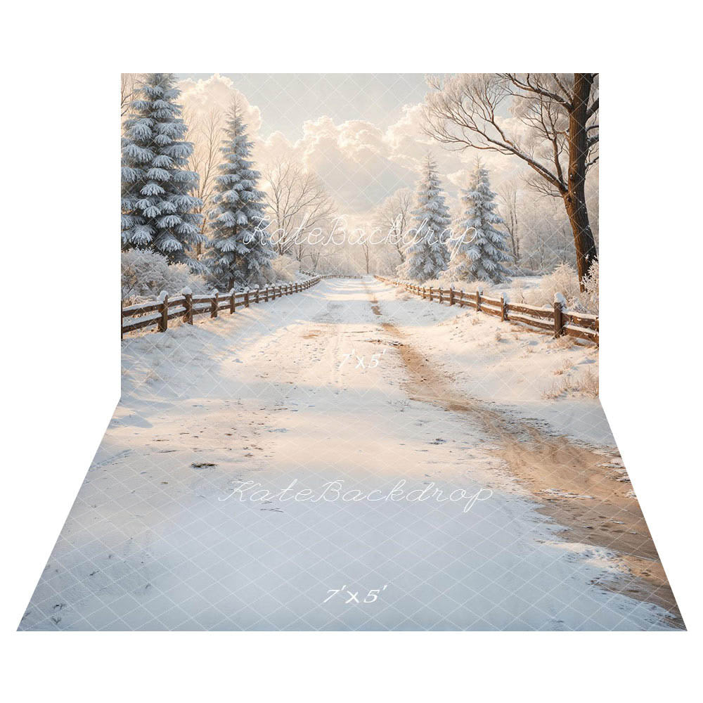 Kate Winter Snowy Trees Fence Backdrop+Snow Road Floor Backdrop -UK