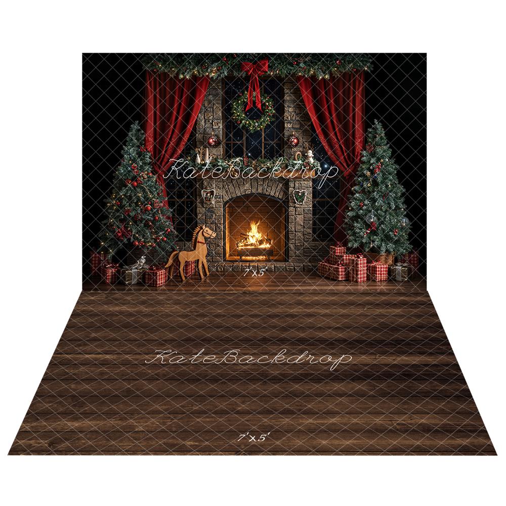 Kate Christmas Fireplace Tree Red Curtain Backdrop+Wood Grain Floor Backdrop