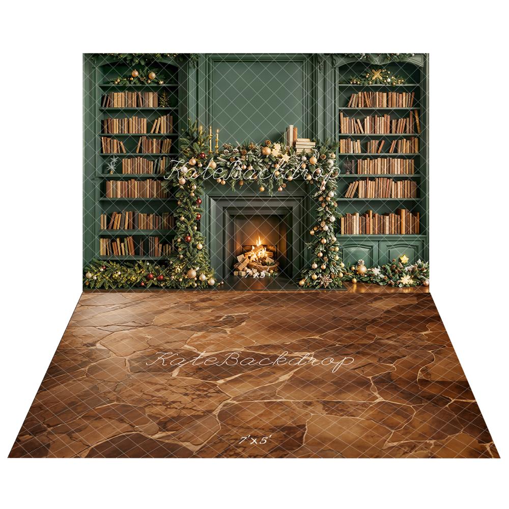 Kate Christmas Fireplace Bookshelf Green Backdrop+Brown Cobblestone Floor Backdrop