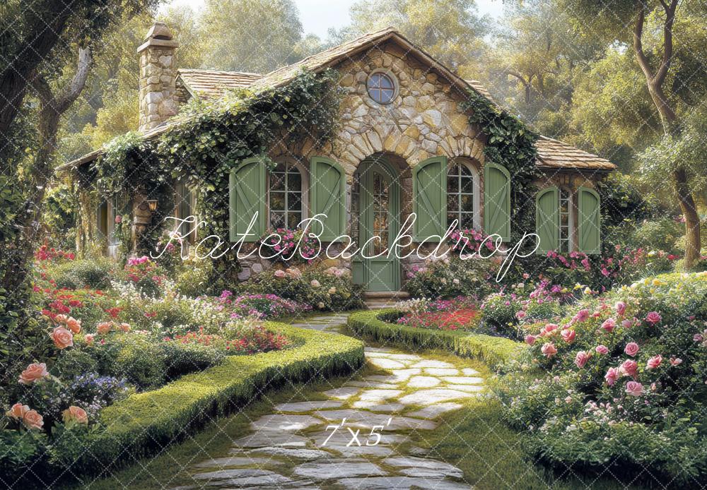 Kate Rustic Stone Cottage Garden Path Backdrop Designed by Mini MakeBelieve -UK