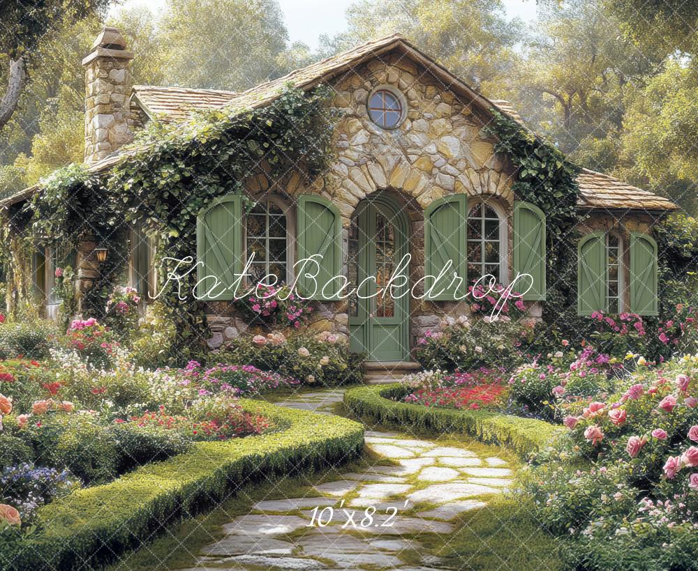 Kate Rustic Stone Cottage Garden Path Backdrop Designed by Mini MakeBelieve -UK