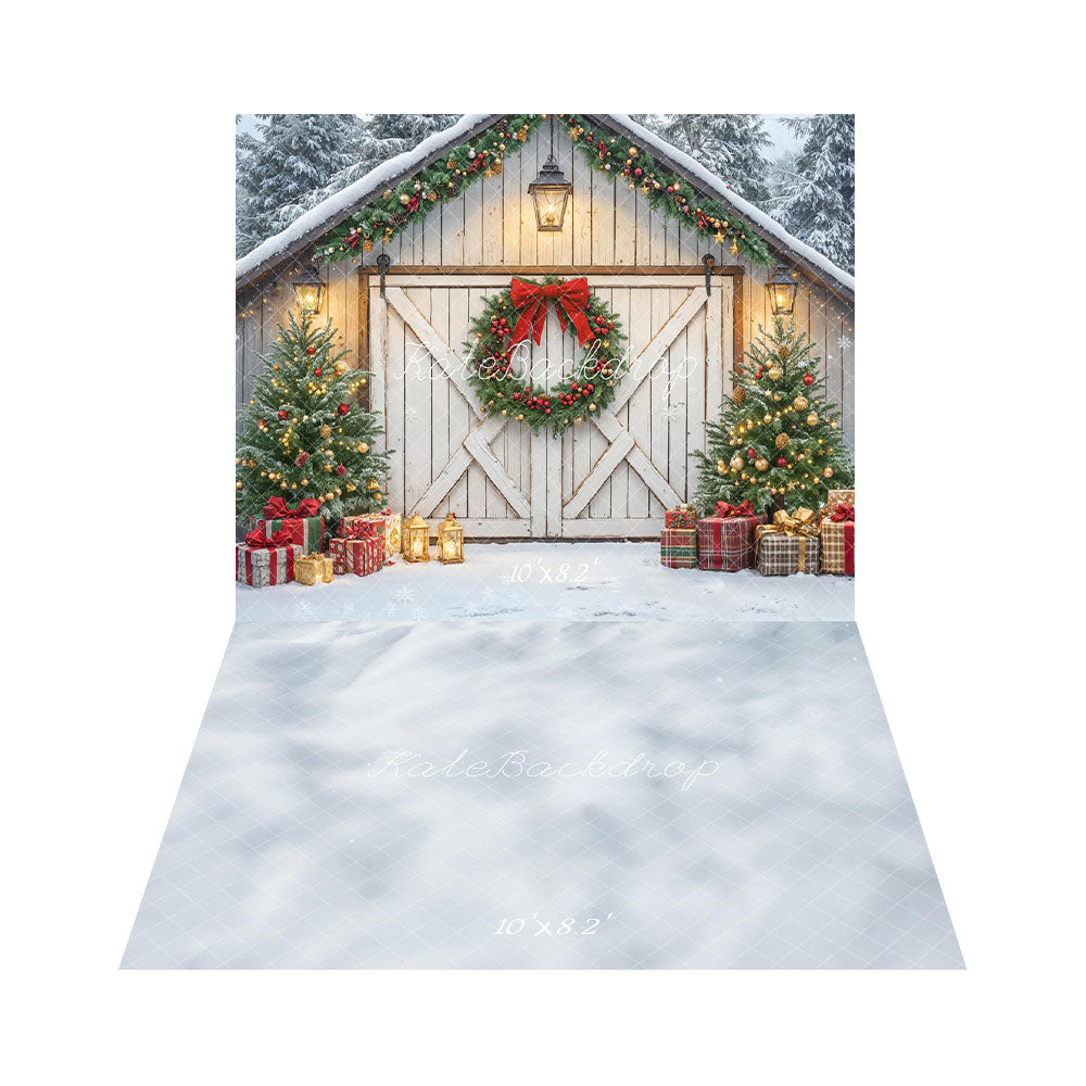 Kate Christmas Barn Cabin Wreath Trees Backdrop+Snowy Texture Floor Backdrop -UK