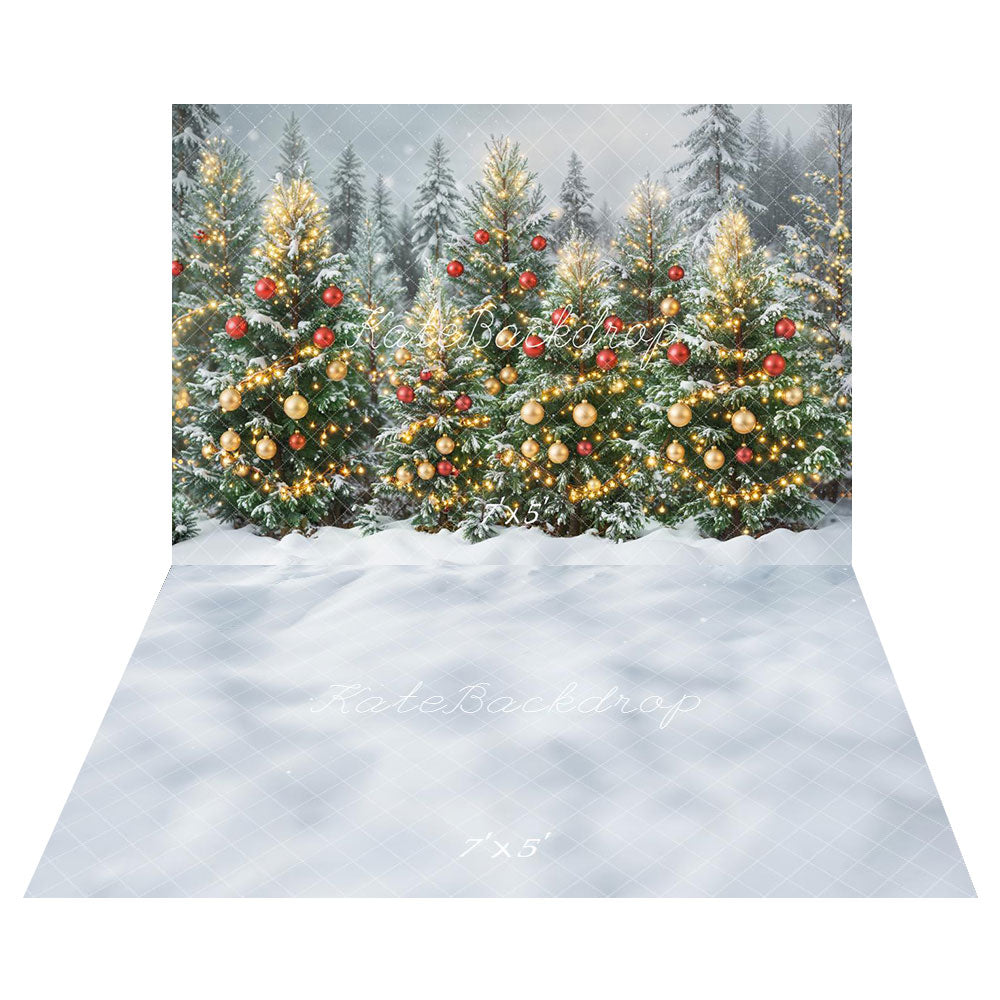 Kate Christmas Trees Forest Ornaments Lights Backdrop+Snowy White Texture Floor Backdrop -UK