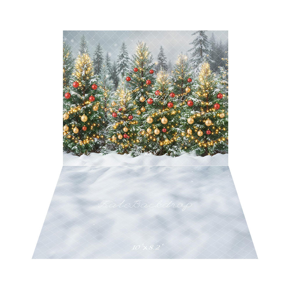 Kate Christmas Trees Forest Ornaments Lights Backdrop+Snowy White Texture Floor Backdrop -UK