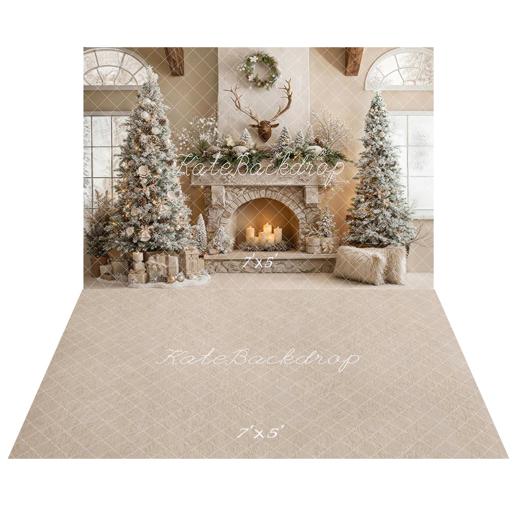 Kate Christmas Fireplace Antlers Trees Backdrop+Beige Abstract Texture Floor Backdrop