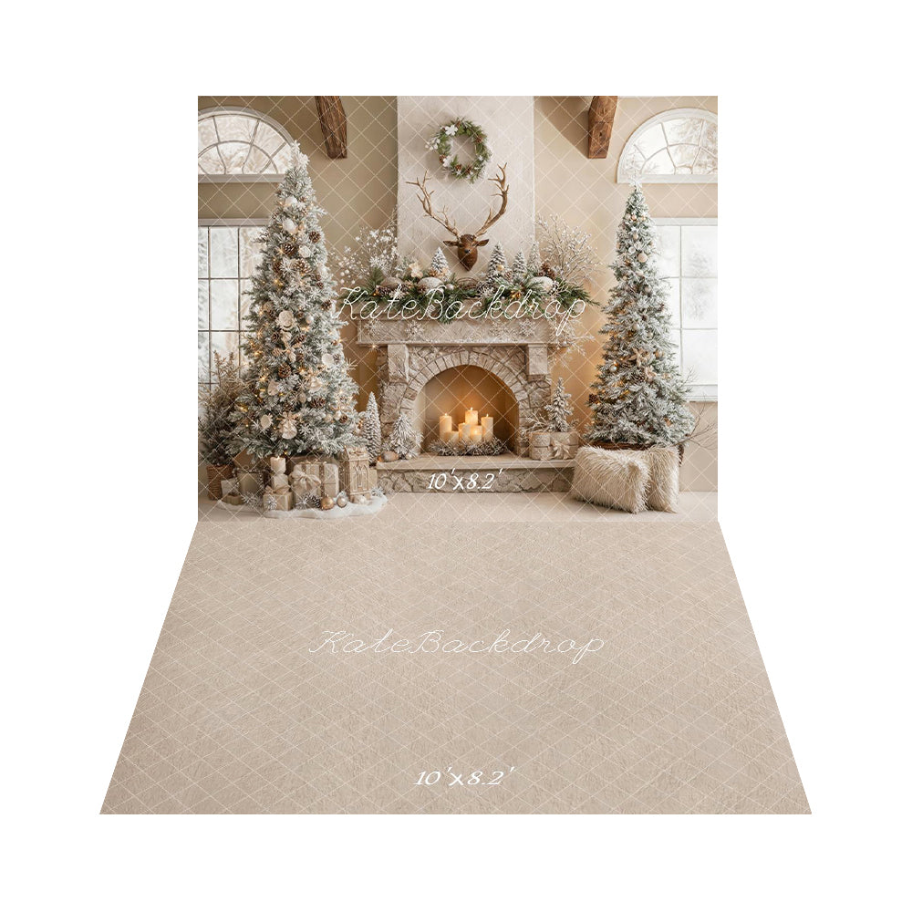 Kate Christmas Fireplace Antlers Trees Backdrop+Beige Abstract Texture Floor Backdrop