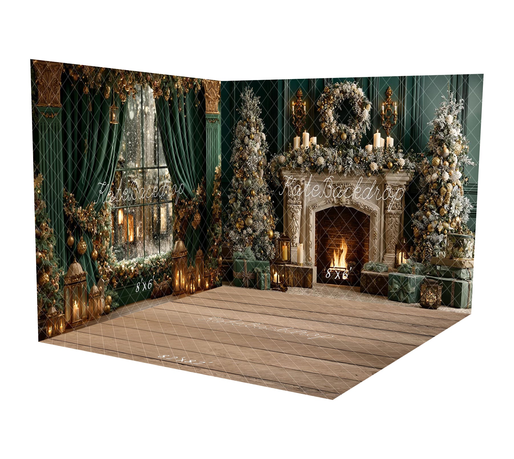 Kate Christmas Fireplace Vintage Wreath Trees Gifts Green Room Set