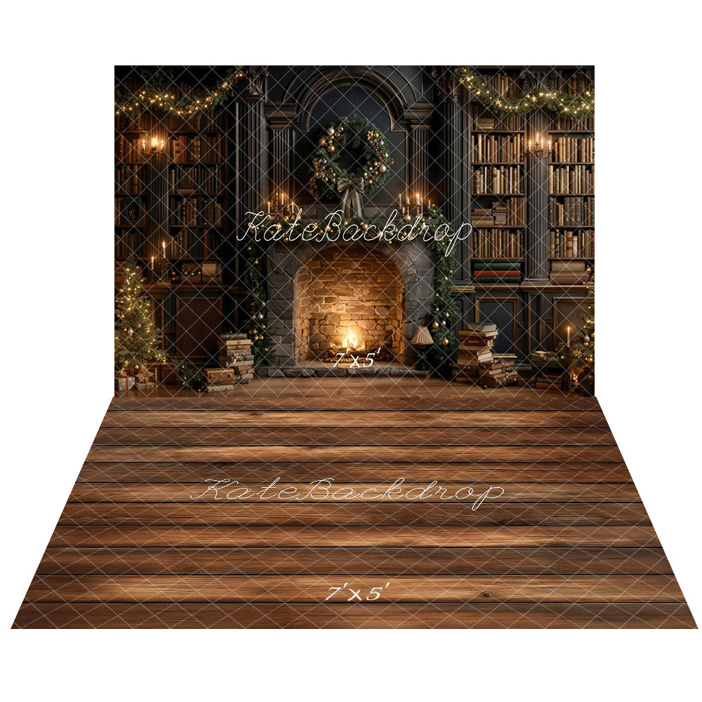 Kate Christmas Fireplace Bookshelves Garland Backdrop+Brown Wood Floor Backdrop