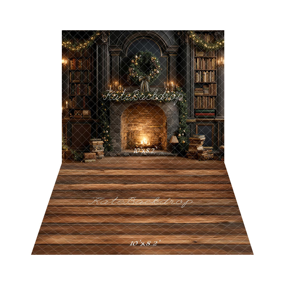 Kate Christmas Fireplace Bookshelves Garland Backdrop+Brown Wood Floor Backdrop