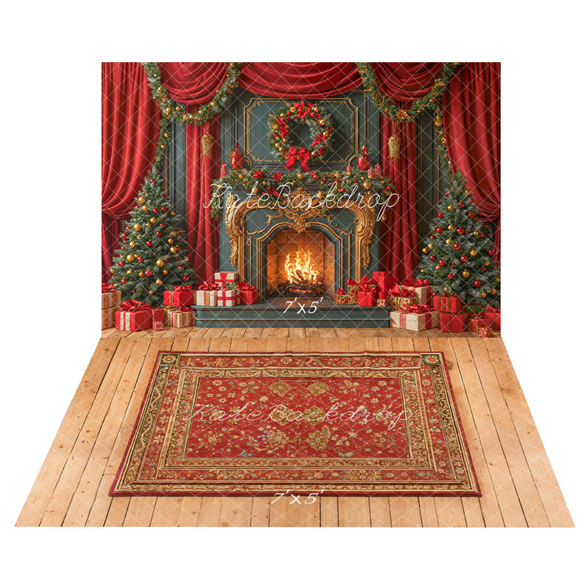 Kate Red Christmas Fireplace Garland Curtains Backdrop+Rug Wood Floor Backdrop