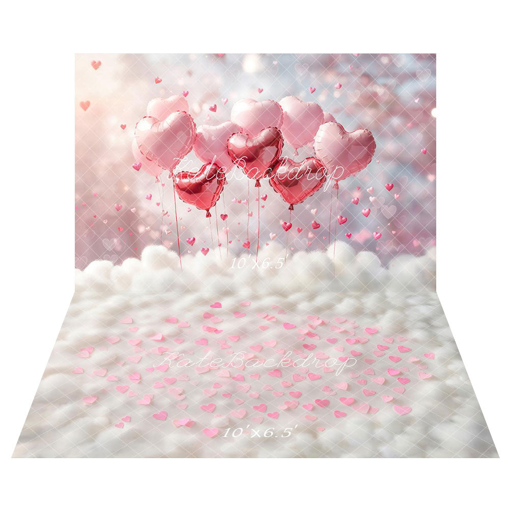 Kate Valentines Pink Heart Balloons Backdrop+Pink Hearts White Cloud Floor Backdrop -UK