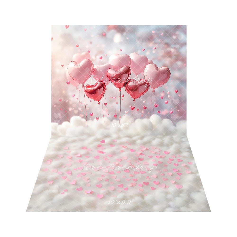 Kate Valentines Pink Heart Balloons Backdrop+Pink Hearts White Cloud Floor Backdrop -UK