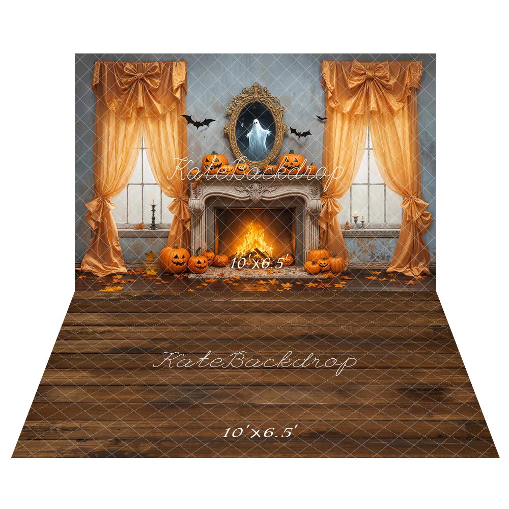 Kate Halloween Fireplace Curtains Ghost Backdrop+Brown Wooden Floor Backdrop -UK