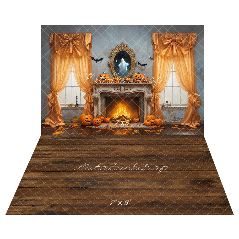 Kate Halloween Fireplace Curtains Ghost Backdrop+Brown Wooden Floor Backdrop -UK