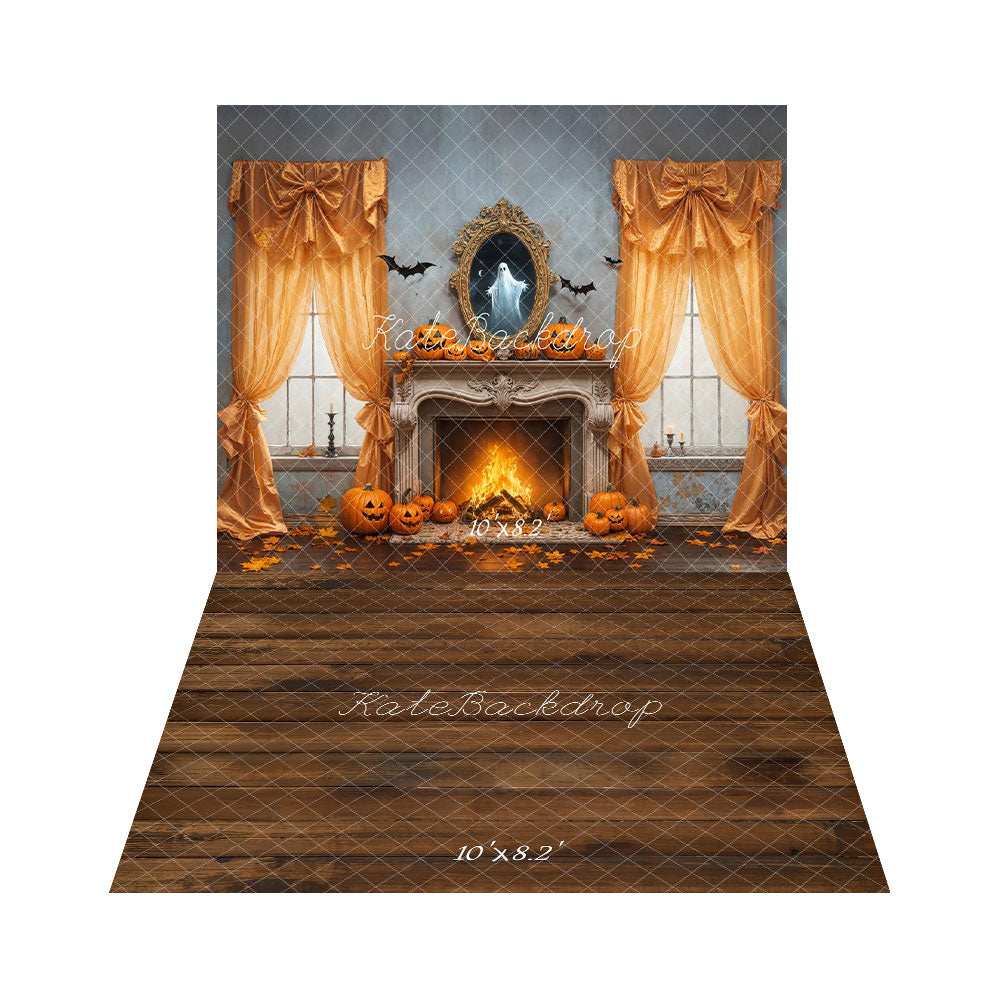Kate Halloween Fireplace Curtains Ghost Backdrop+Brown Wooden Floor Backdrop -UK