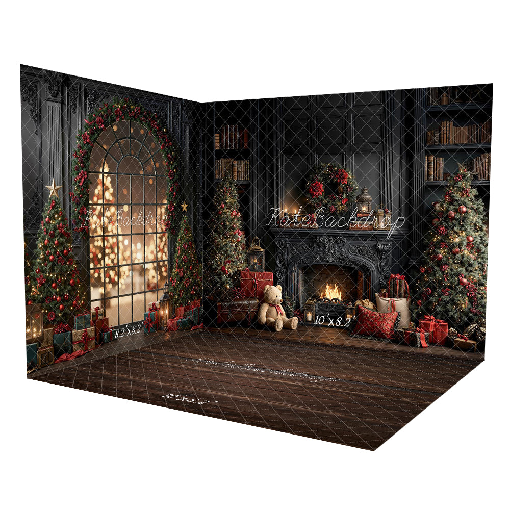 Kate Christmas Vintage Fireplace Wreath Trees Gifts Bookshelves Room Set