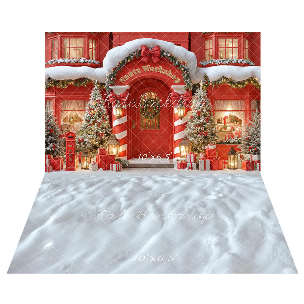 Kate Red Christmas Santa Workshop Trees Backdrop+Winter Snow Floor Backdrop
