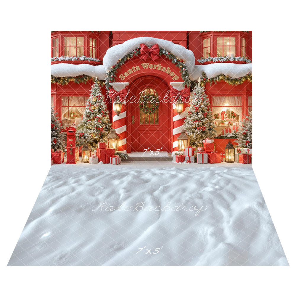 Kate Red Christmas Santa Workshop Trees Backdrop+Winter Snow Floor Backdrop