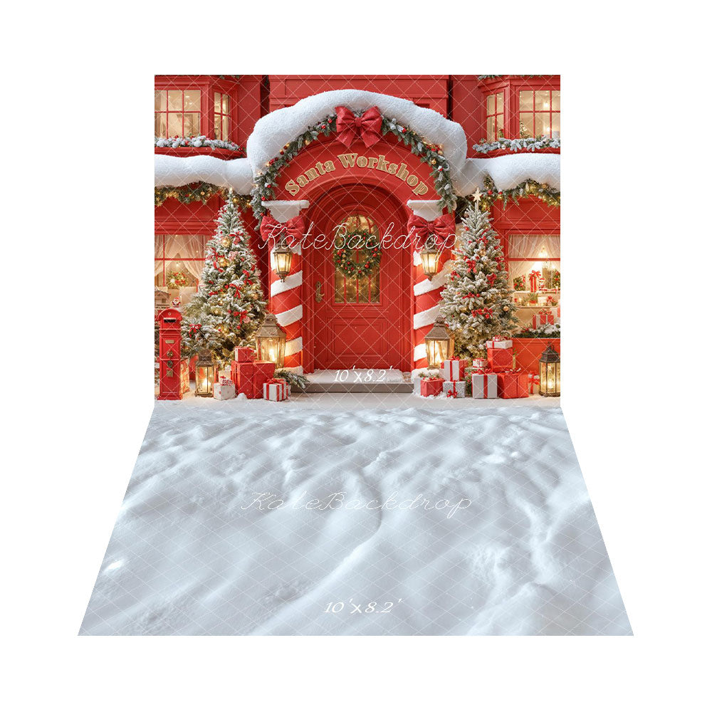 Kate Red Christmas Santa Workshop Trees Backdrop+Winter Snow Floor Backdrop
