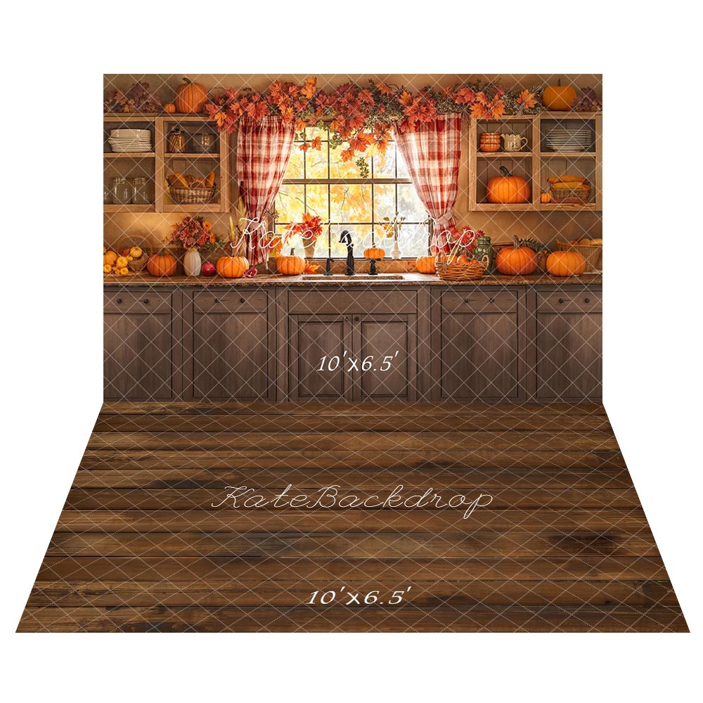Kate Autumn Kitchen Window Pumpkin Backdrop+Brown Wooden Floor Backdrop