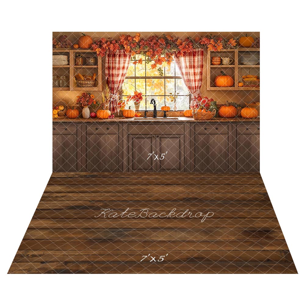 Kate Autumn Kitchen Window Pumpkin Backdrop+Brown Wooden Floor Backdrop