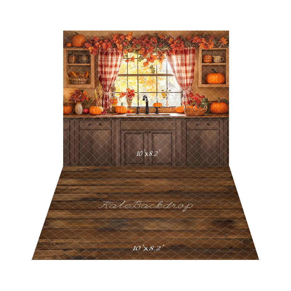 Kate Autumn Kitchen Window Pumpkin Backdrop+Brown Wooden Floor Backdrop