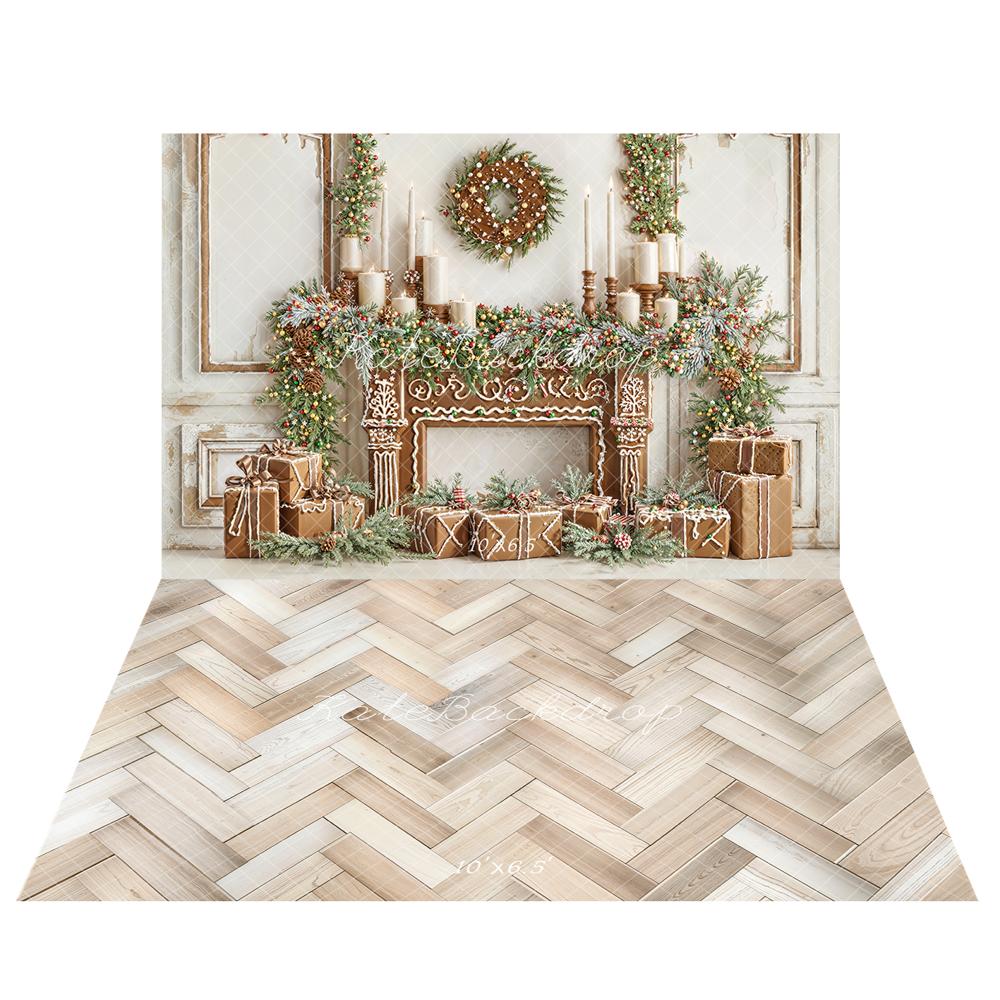 Kate Christmas Gingerbread Fireplace Gifts Backdrop+Wood Herringbone Floor Backdrop