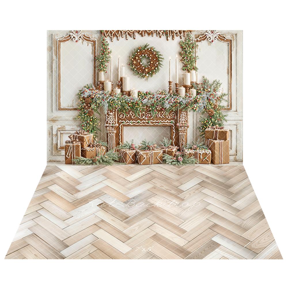 Kate Christmas Gingerbread Fireplace Gifts Backdrop+Wood Herringbone Floor Backdrop