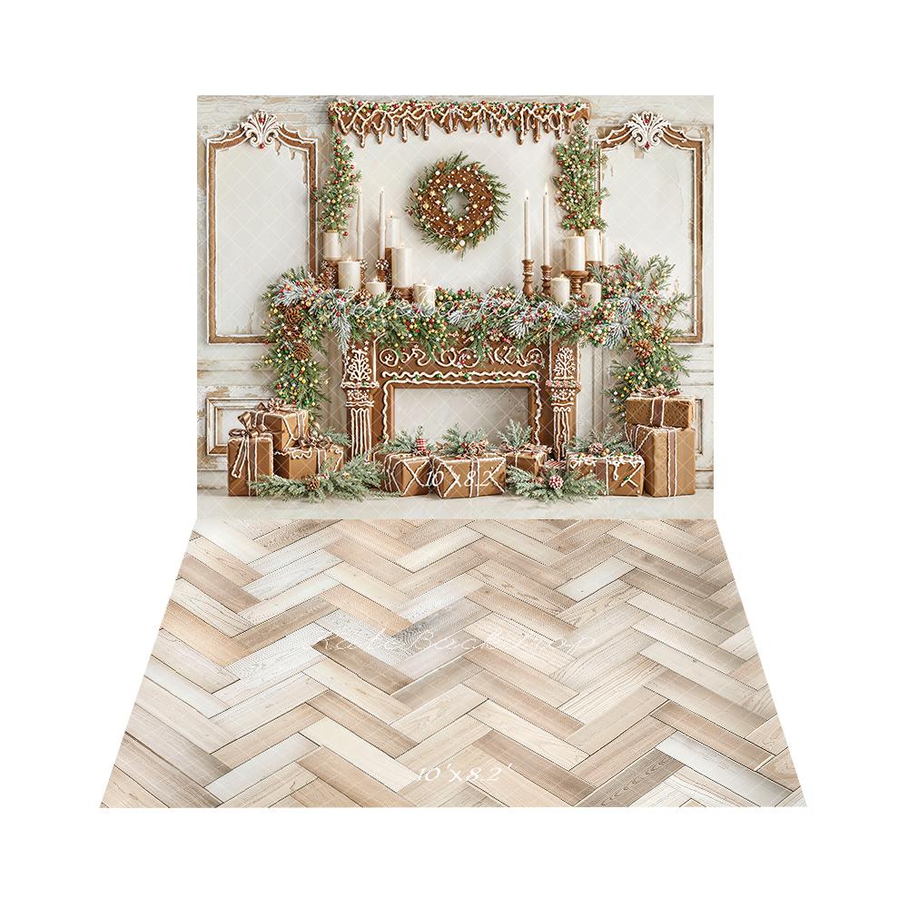 Kate Christmas Gingerbread Fireplace Gifts Backdrop+Wood Herringbone Floor Backdrop