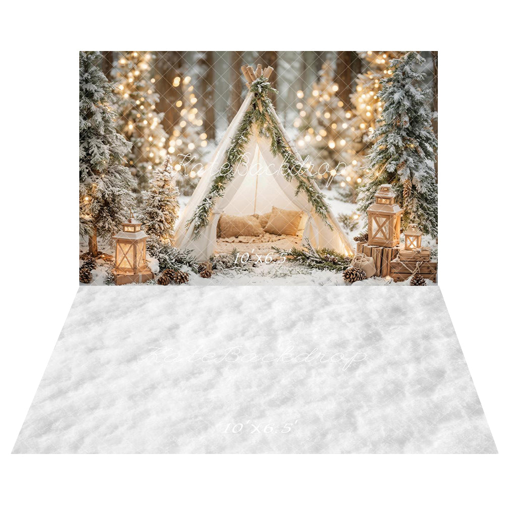Kate Christmas Tent Forest Lanterns Backdrop+White Snow Floor Backdrop