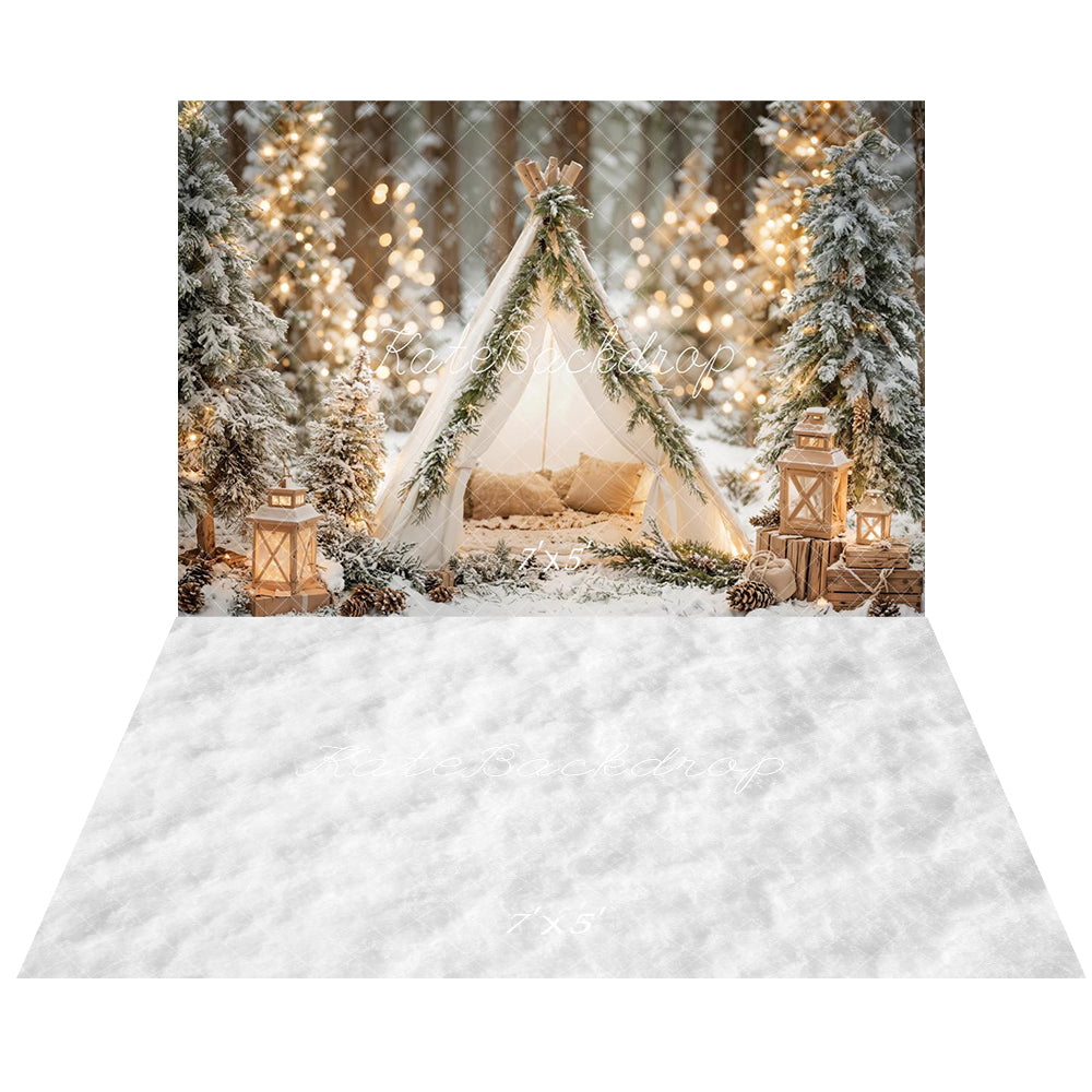 Kate Christmas Tent Forest Lanterns Backdrop+White Snow Floor Backdrop