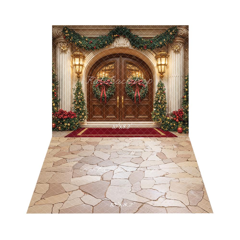 Kate Christmas Garland Wreath Trees Doorway Arch Backdrop+Beige Cobblestone Floor Backdrop -UK